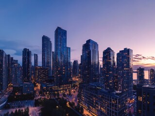 Obraz premium City skyline at twilight with long exposure and negative space below