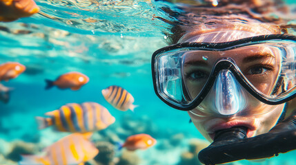 closeup of a young woman's face in snorkeling mask in tropical clear blue water with underwater scene colorful fish with copy space vacation family fun theme