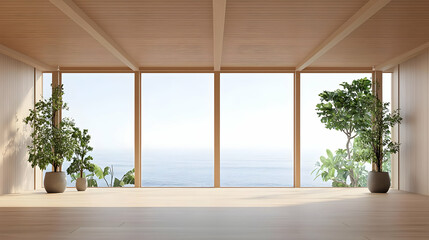 Fototapeta premium Spacious Light Filled Wooden Interior With Panoramic Ocean View