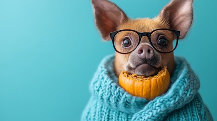 Chihuahua Dog Wearing Glasses and Blue Sweater Against Blue Background