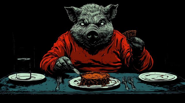 digital illustration featuring an anthropomorphic scary pig with red hoodie seated at a dining table with dark theme background