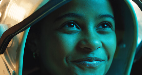 Happy girl, thinking and astronaut with space helmet at night for galaxy adventure, journey or...