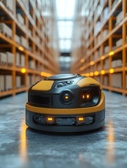 Obraz premium Automatic forklifts and robots move boxes efficiently in smart warehouses. realism enhances the sense of advanced technology and efficiency. Ideal for ads, smart logistics, or Industry 4.0 articles.