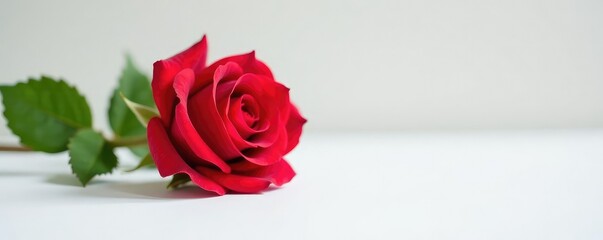 Single rose in full bloom on white surface with stem, floral arrangement, flowers, bloom