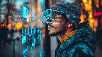 Man uses AR glasses, city night background, future tech