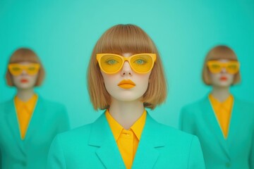 Fototapeta premium Stylish model with bob haircut wearing vibrant yellow glasses and turquoise suit, exuding confidence and playfulness, perfect for fashion and lifestyle themes