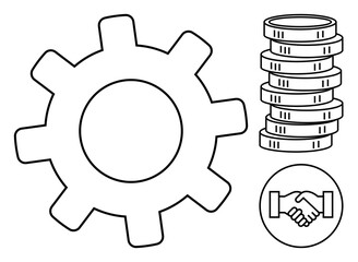 Gear for productivity, coins for finance, handshake icon for agreement. Ideal for teamwork, trade, partnership, mechanics, innovation business efficiency. Flat simple metaphor