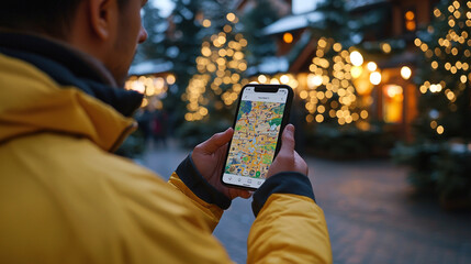 Man using map app in festive winter village