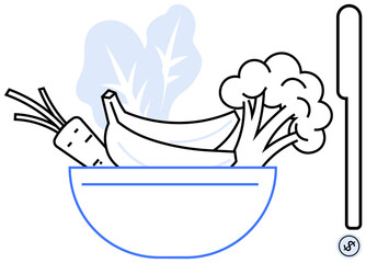 Bowl filled with carrot, banana, broccoli, leafy greens beside a knife. Ideal for healthy lifestyle, nutrition, vegan diet, organic food cooking wellness sustainability. Flat simple metaphor