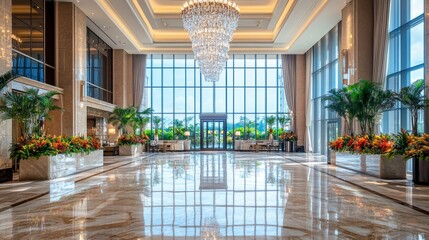 Luxurious hotel lobby with marble floors crystal chandelier big windows and tropical flowers 