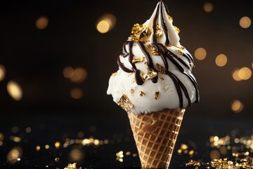 Luxurious ice cream cone with chocolate and gold flakes