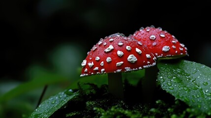 Two vibrant red toadstools with white spots, glistening with water droplets, nestled in mossy forest floor