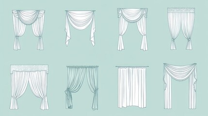 Curtains illustration, variety of designs on the wall. Use for home decoration guide