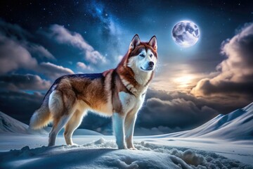Naklejka premium Siberian Husky Night Photography, Fluffy Dog, Winter Dog, Snowy Night, Rule of Thirds Composition, Dog Portrait, Husky in Snow
