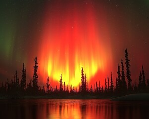 Fototapeta premium Fiery Aurora Borealis over a Tranquil Lake