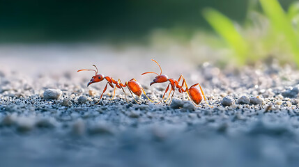 Three Red Ants Walking On Dirt Path
