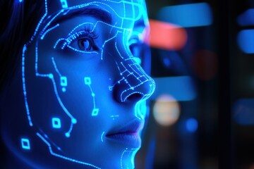 Obraz premium Facial recognition interface in sci-fi style with neon blue lighting and negative space on right
