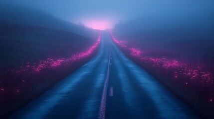 Mystical Blue Road Through a Dreamscape Landscape with Vibrant Flowers and Soft Fog in the Distance.