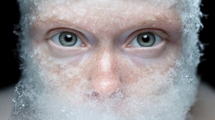 Frozen, captivating face.  White, frosty texture covers the face, creating a surreal and intense look