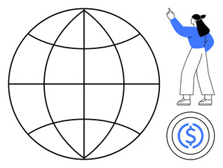 Earth grid sphere next to woman pointing upward and currency coin. Ideal for economics, finance, global business, innovation, investment, globalization, growth. Flat simple metaphor