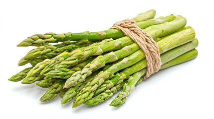 A vibrant bunch of fresh green asparagus tied with twine, ready for cooking, showcasing its bright, healthy color and delicate texture against a stark white background.