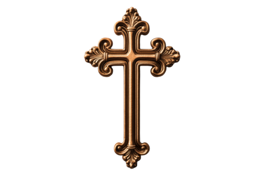 Decorative gold cross with ornate design and transparent background