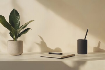 Minimalist desk with notebook, pen, and potted plant in sunlight