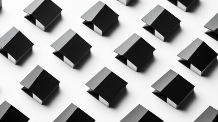 Black house models, aerial view, white background, real estate concept