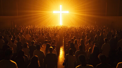 A vast congregation bathed in golden light, gazing upon a radiant cross symbolizing hope and faith, in a powerful display of unity and spiritual devotion.