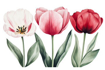 Fototapeta premium Elegant tulips: white, pink, red flower illustration, cut out transparent