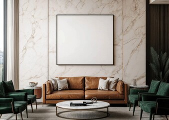 Modern living room with leather sofa, marble wall, and large blank canvas.