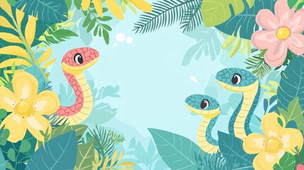 Fototapeta premium Colorful cartoon snakes surrounded by tropical flowers and leaves in a vibrant jungle background, perfect for children s illustrations and nature related themes