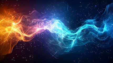 Obraz premium Abstract Digital Design Featuring Blue And Orange Wavy Lines With Glowing Particles Against Dark Background