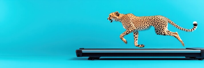 Cheetah trains on treadmill showcasing speed and agility in a vibrant setting