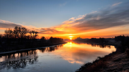 Orange Sunset Reflection Over Still River with Silhouetted Trees and Clouds in the Evening
