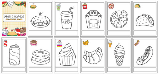 collection activity book sheets and coloring snacks and drinks. hamburger, pizza, taco, ice cream, croissant, cupcake, donut. paper pages with covers for children