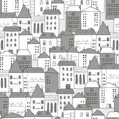 Cityscape seamless pattern. Doodle town background. Vector cartoon illustration with houses © Afanasia