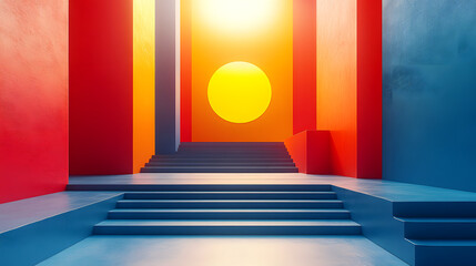 Fototapeta premium Geometric Architectural Vista: A mesmerizing interplay of vibrant hues and geometric forms. The image features a modern architectural design, characterized by clean lines, colorful walls.