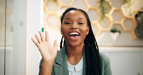 Black woman, portrait and video call with concierge in hotel for introduction, virtual tour or...