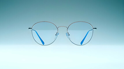 Fototapeta premium Silver Framed Round Eyeglasses with Blue Lenses on a Light Background Studio Shot with Clear Details