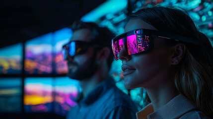 Couple experiencing virtual reality, colorful screens background, technology immersion, futuristic concept