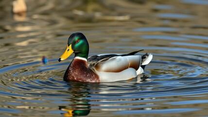 Obraz premium Male duck swimming calmly in a serene pond surrounded by reflections and gentle ripples