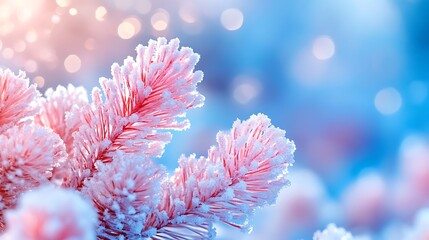 Close-Up of Pink Frosted Pine Branch with Snow and Blurred Background