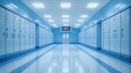 Fototapeta premium Empty School Hallway with Blue Lockers, A long, empty hallway in a school with blue lockers on both sides and a shiny floor