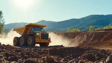 Fototapeta premium Yellow dump truck on dirt road