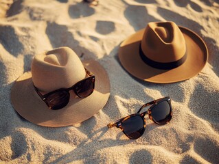 Flatlay of designer sunglasses and hats on sandy beach with golden hour lighting and space for text below