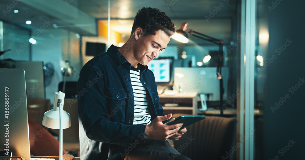 Poster Programmer, thinking and tablet with website, feedback and overtime work for data review. Web design, night and deadline update for man, cloud computing and connectivity for online communication