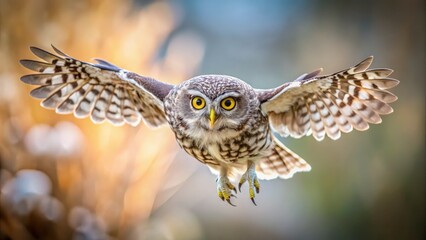Obraz premium Little Owl in Flight: Blurred Background Documentary Photography