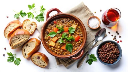 Lentil Stew Recipe: Top View Earthenware Casserole, Bread, Wine - High Depth of Field Food Photography