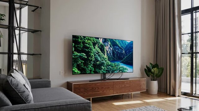 Modern living room with a large flat-screen TV on a wooden stand. Shot from a low angle, capturing a cozy, minimalist video setup with natural light.
